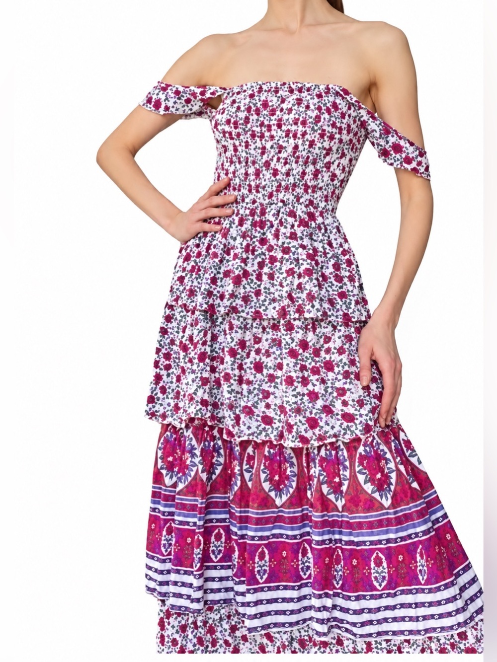 Mabel The Label Floral Smocked Tiered Midi Dress Size S Boho Cottagecore